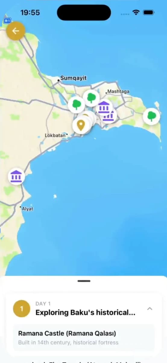 The route on a map: Markers differ by category.