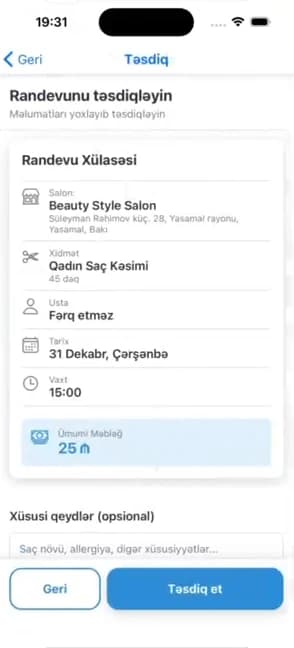 Confirm: Salon, service, master, time and price.